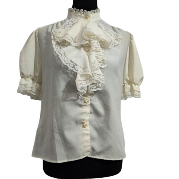 Brian Michele Tops - Vintage Brian Michele Puff Sleeve Ruffle Tuxedo Button Down Ivory Petite